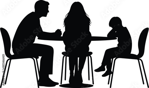 Black silhouette of parents and child sitting at table, serious family discussion, conflict, problem, custody, therapy, sadness concept.