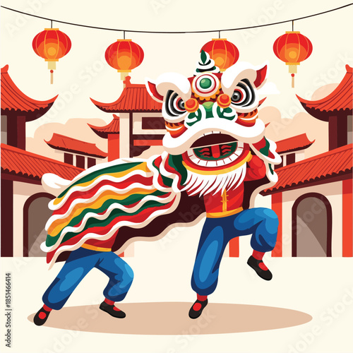 Chinese Lion Dance Performance Festive Celebration Flat Vector