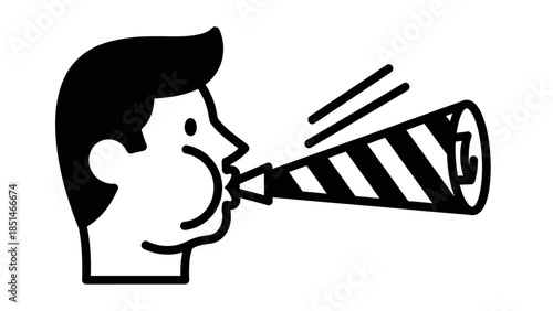 Man blowing a party horn, celebrating an event with festive noisemaker, black and white icon illustration.