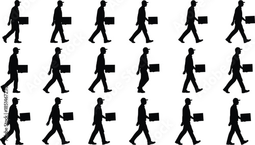 Delivery worker silhouette sequence showing man walking and carrying box, logistics, courier service, transportation, and supply chain concept illustration