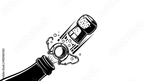 Champagne bottle popping cork with splash and bubbles, celebration vector illustration.