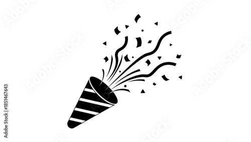 Black and white illustration of a party popper exploding with confetti and streamers, symbolizing celebration and joy.