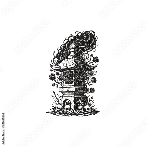 Eerie vintage illustration of a cracked Japanese stone lantern (toro) overgrown with roses and surrounded by skulls in etching style