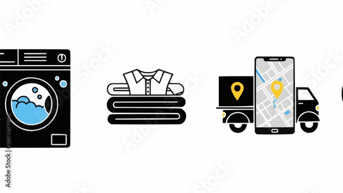 Laundry service icons showing washing machine folded clothes and delivery truck.