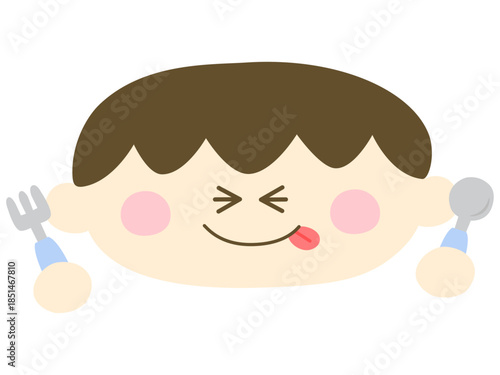 ゆるい可愛い子供の男の子がスプーンとフォークを持っているイラスト