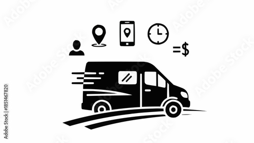 Delivery Van with Icons Representing Logistics and Payment.