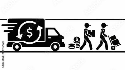 Delivery truck with dollar sign and workers carrying packages and coins.