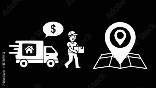 Delivery truck driver with package and location pin on map.