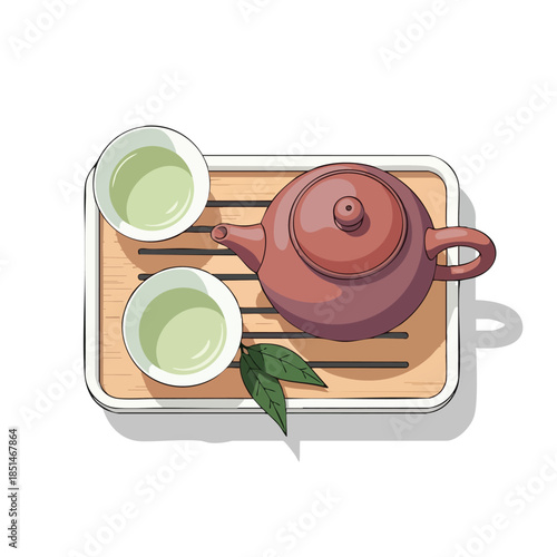 Traditional Teapot and Green Tea Cups on a Bamboo Tray