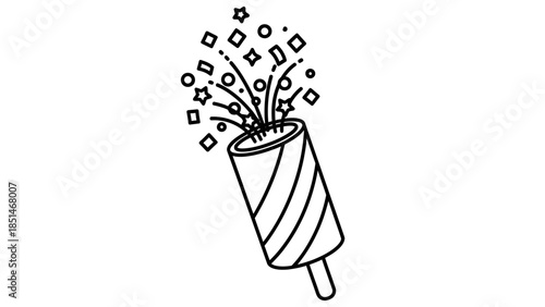 Outline illustration of a festive party popper exploding with confetti and streamers, celebrating an event.