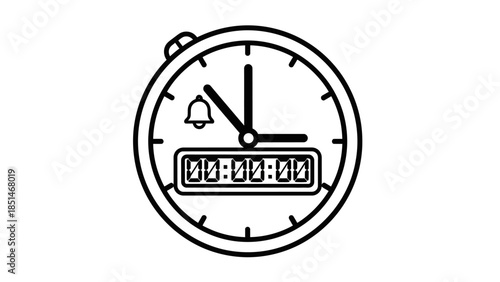 Stopwatch timer icon with alarm and digital display showing zero, representing time measurement and deadlines.