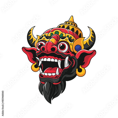 Traditional Balinese Demon Mask Head Vector Illustration