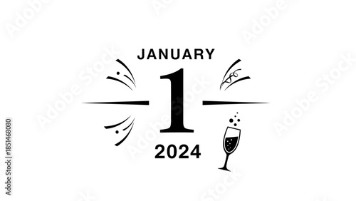 January 1, 2024 New Year's Day celebration with champagne glass and fireworks design.