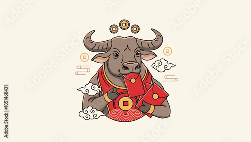 Chinese Zodiac Ox Holding Red Envelopes and Coins.