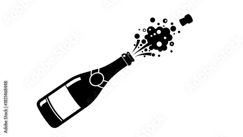 Black and white illustration of a champagne bottle popping its cork with effervescent bubbles, symbolizing celebration and festivity.
