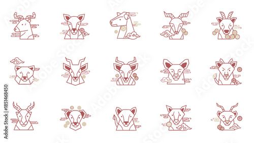 Collection of stylized animal faces in a grid layout.