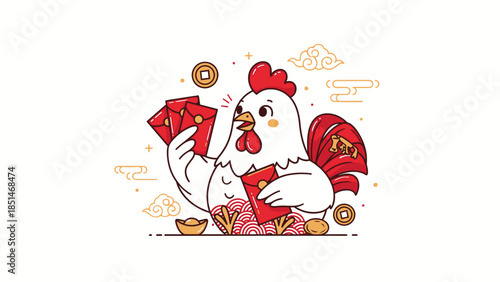 Cute cartoon rooster holding red envelopes and gold ingots.
