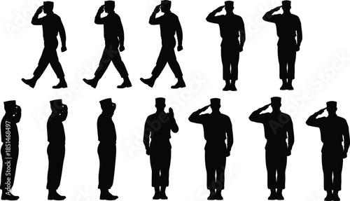 Military soldier silhouette set showing saluting and marching poses, army personnel in uniform, patriotic service and defense concept illustration