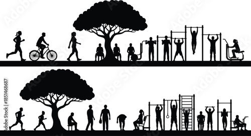 Outdoor fitness park silhouette illustration showing people exercising, jogging, cycling, stretching, and strength training in urban public recreation space