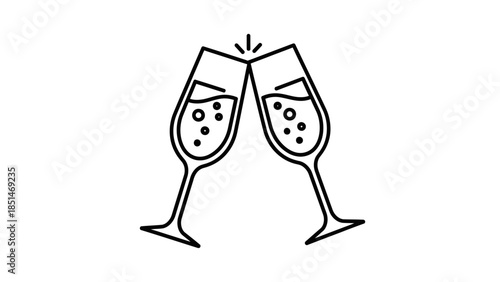 Two champagne glasses toasting, celebrating a special event, line art vector illustration on white background.