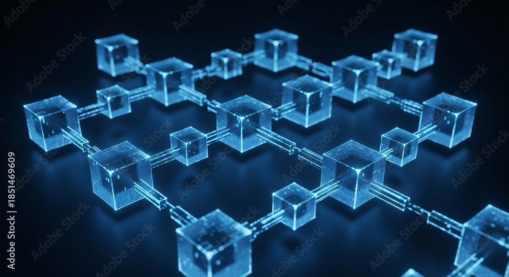Fototapeta premium Digital blockchain network of interconnected glowing blue cubes on a dark background