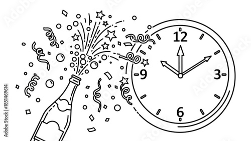 New Year's Eve celebration with champagne bottle popping, confetti, and clock striking midnight line art illustration.