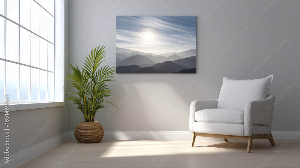 Fototapeta premium Serene Zen Office Corner with White Furniture and Bamboo Plant in Minimalist Decor