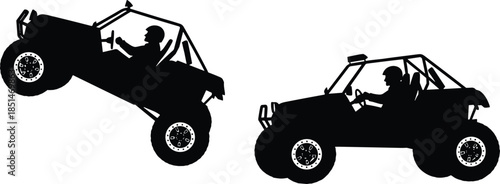 Black Silhouette Vector Illustration of an Off-Road Buggy UTV Rally Car Jumping and Driving, Extreme Sports, Adventure, 4x4.
