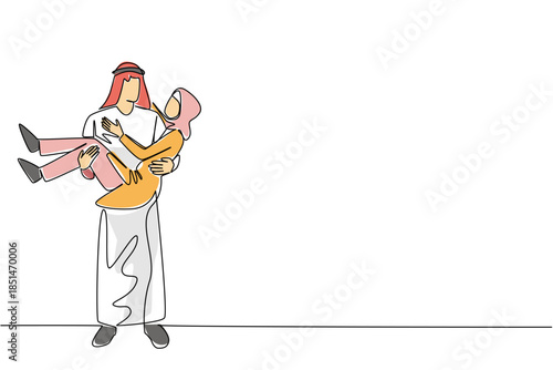 One line drawing of an Arab man carrying a woman gently in his arms, both gazing at each other, symbolizing classic cultural romance, protection, and deep affection.