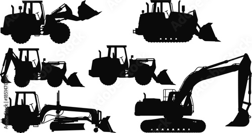 Black Silhouette Set of Heavy Construction Vehicles, Excavator, Backhoe, Loader, Grader, Industrial Machinery, Earth Moving Equipment, Vector Illustration.