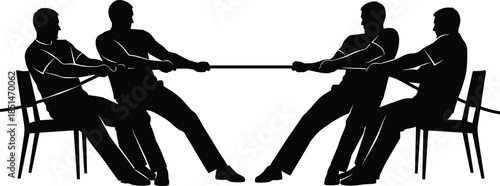Teamwork competition silhouette illustration showing men playing tug of war while seated, strength, cooperation, conflict, and group challenge concept