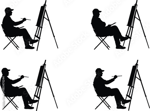 Black silhouette vector set of an artist sitting on a folding chair painting on an easel outdoors, focusing on creativity and art lessons.