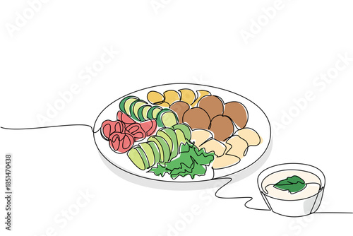 Single line drawing of platter featuring falafel, sliced cucumber, tomato, avocado, and lettuce, with a side of dipping sauce and vegetables. Complete and healthy meal. International Falafel Day event