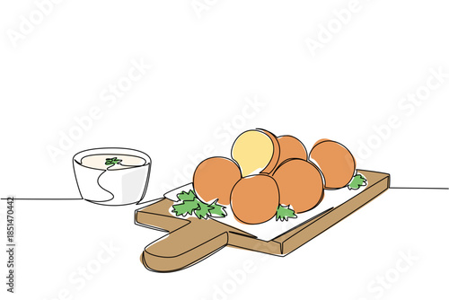 Single line drawing of several falafel balls arranged on wooden cutting board with a side of dipping sauce, garnished with parsley, symbolizing a hearty and authentic snack. International Falafel Day.
