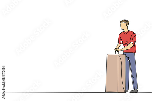 One line drawing politics concept for international event Democracy Day. Young man in shirt, upright at ballot box, symbolizes active participation, voting rights, and the democratic election process.