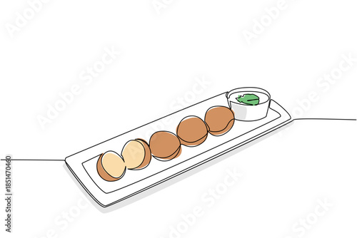 Continuous line drawing of falafel balls arranged in a row on rectangular ceramic plate with side of dipping sauce, garnished with herb leaf, showing elegant presentation. International Falafel Day