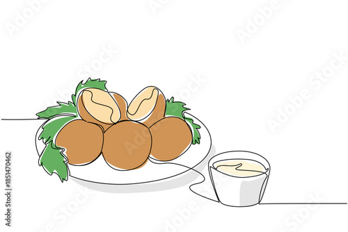 Continuous line draw of falafel platter on round plate with pita, herb, tahini dip, garnished with parsley. International Falafel Day event, celebrating street food culture vegan cuisine, classic dish