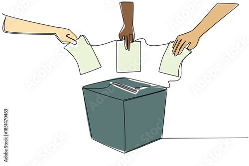 Continuous line drawing of multiple diverse hands placing ballots into a ballot box, symbolizing universal suffrage, democratic participation, and equality in voting. Democracy Day of election process