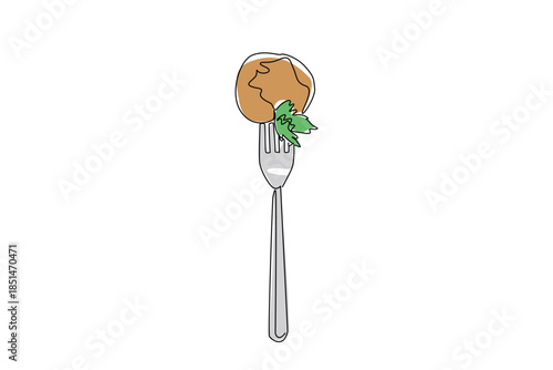 Continuous line drawing of falafel ball pierced by fork, garnished with sprig of parsley, symbolizing tasty bite and traditional Middle Eastern cuisine. International Falafel Day event prefect for ads