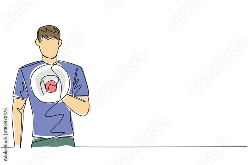 Continuous line draw campaign concept for international event Democracy Day. Man in blue shirt with loudspeaker, spotlighting public speech, civil rights, political engagement, freedom of expression