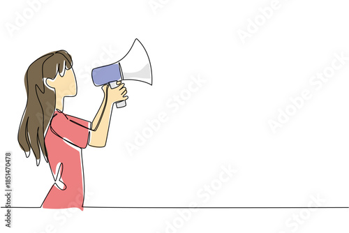 One line drawing of woman holding megaphone side view, poised to speak, symbolizing freedom of speech, advocacy, and empowering public discourse in a democracy. Democracy Day event, free expression