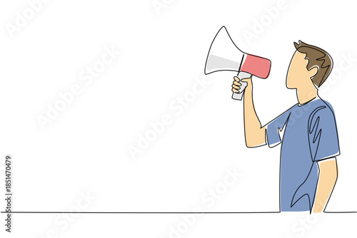 Continuous line drawing freedom concept for international event Democracy Day. Man in blue shirt actively communicates, supporting democratic ideals and encouraging civic involvement and unity.