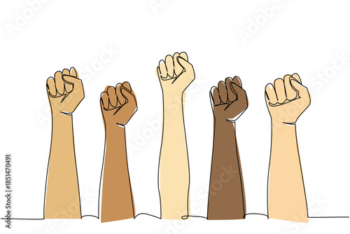 One line draw activism concept for event Democracy Day. Human hands united in powerful gesture, represent protest, civil rights, strength in diversity, and the fight for equal representation