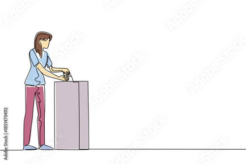 Single line drawing of a woman placing her ballot into a ballot box, symbolizing individual participation, the right to vote, and the essence of democratic elections. Democracy Day event of election