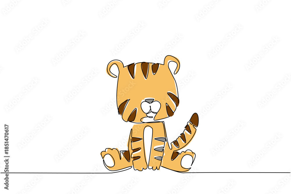 Fototapeta premium Continuous line drawing wildlife concept. Cute baby tiger sitting with bold brown stripes and round face, curled tail. Perfect for jungle themes, children animal decor, or educational materials.