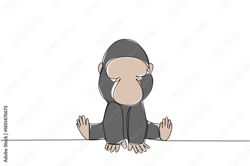 Obraz premium Single line drawing animal concept showing a young gorilla with big hands and feet sitting calmly. Perfect for jungle, wildlife, or conservation. Adorable primate exudes innocence and strength.