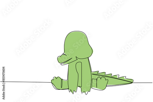 Single line drawing nature concept showing a cute cartoon baby crocodile sitting. This adorable animal illustration highlights wildlife appreciation and is ideal for children animal and zoo themes.