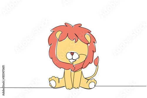 Continuous line draw of cute baby lion sitting down, with a fluffy mane and a playful expression, symbolize majesty, innocence, and charm of wildlife. Adorable character wild nature and gentle playful