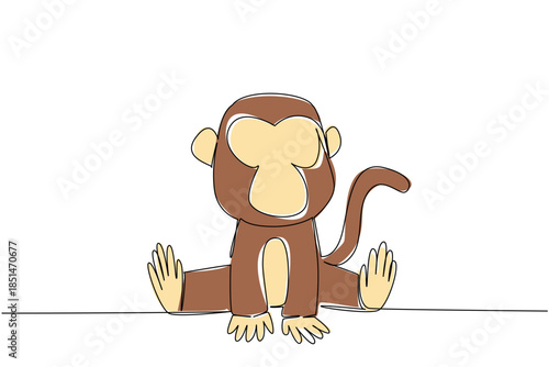 Continuous line drawing animal concept of a baby monkey with curled tail, wide ears, sitting. Suitable for zoo or playful children content. Young primate express joy, energy, and gentle wild spirit.