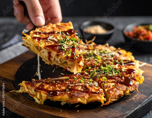 Savory pancake on wooden board, piece being lifted. Bowls of toppings in background